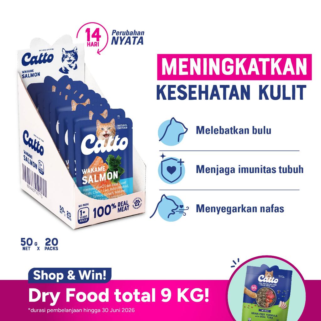 Catto Makanan Kucing Basah Cat Food - Box Wakame Salmon Adult 50gr x 20pcs | Natural Wet Cat Food (R
