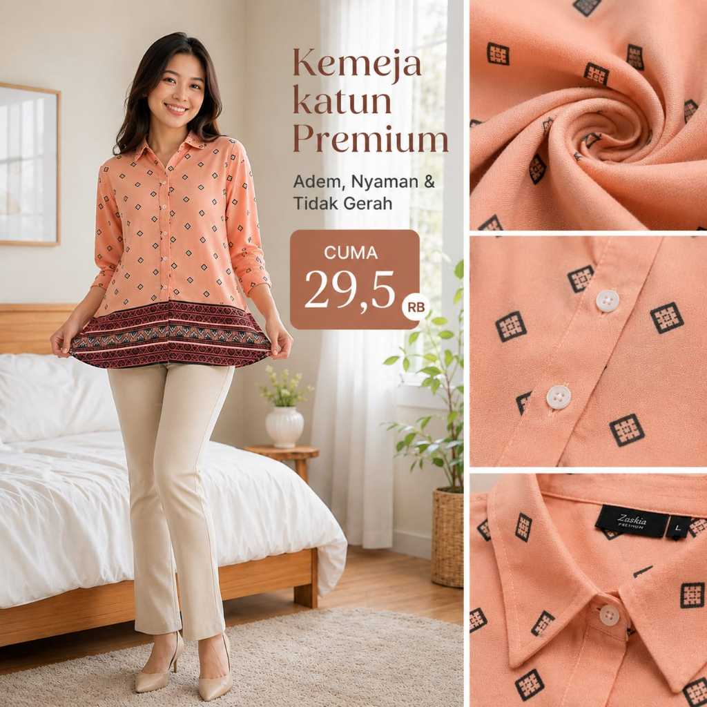 Kemeja Lengan Panjang Wanita Motif Batik Etnik Bahan Wolfis Premium