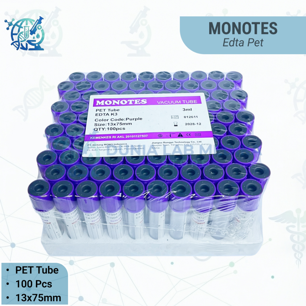TABUNG VACUUM TUBE K3 EDTA 3 ML PET/PLASTIK | MONOTES (100Pcs/Box)