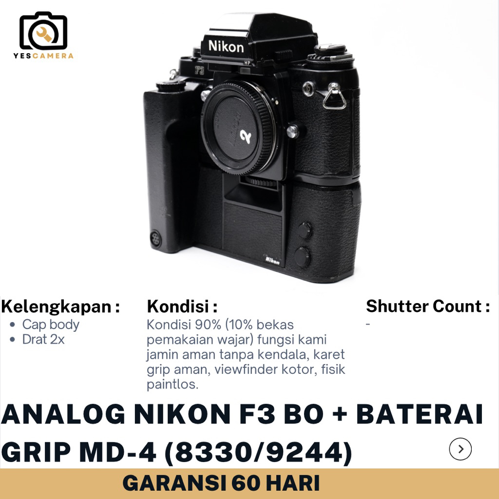 Analog Nikon F3 HP Body Only + Baterai Grip Nikon Motor Drive MD-4 (Bekas) - Kamera SLR 35mm Dengan 