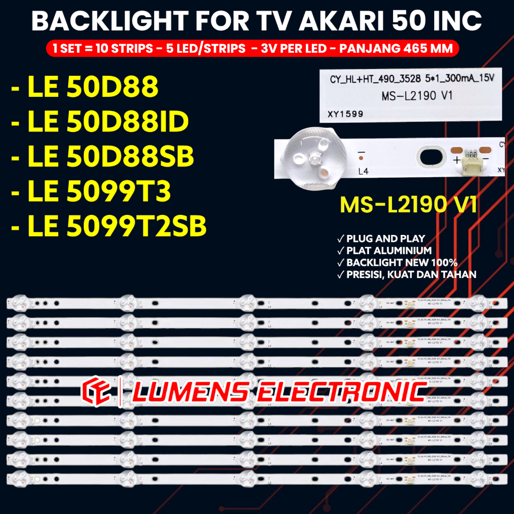 BACKLIGHT TV AKARI 50 INCH LE-50D88 LE-50D88SB LE-50D88ID LE-5099T3 LE-5099T2SB 10K 5V LAMPU BL LED