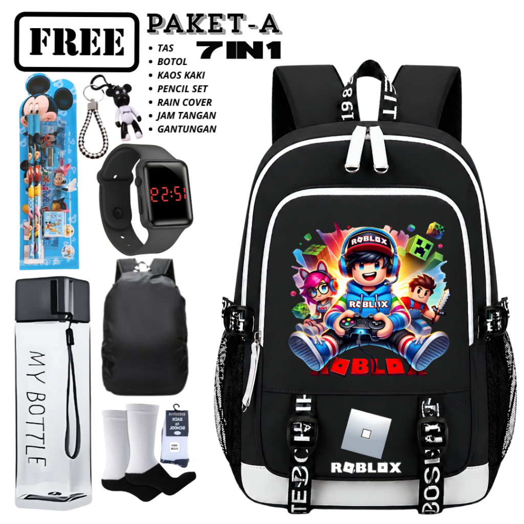 Ransel Anak Unisex Roblox Small Hitam Putih Set 7in1 Dengan Tas, Jam Tangan, My Bottle, Dan Aksesori