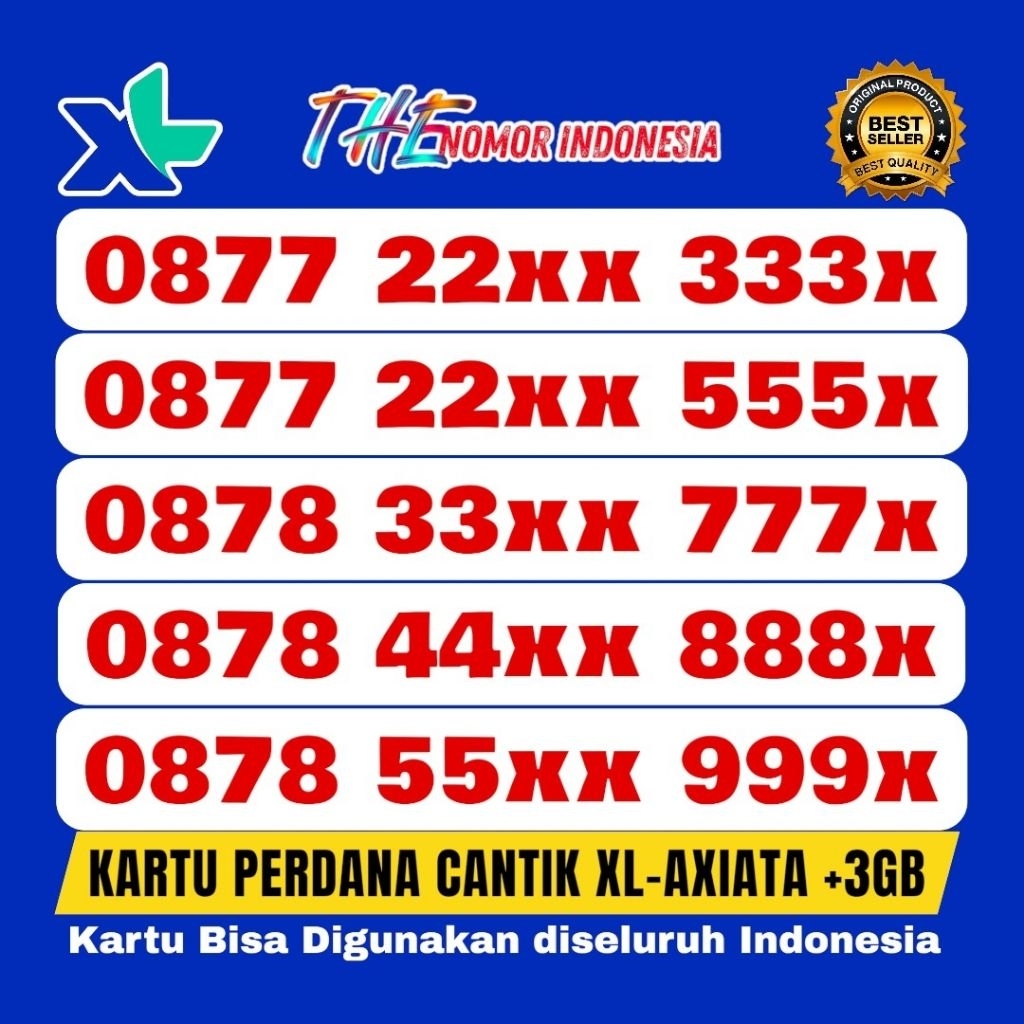 Kartu Perdana Nomor Cantik XL-Axiata Nomor Nasional 4G/5G/LTE | Kuota 3GB (E.0002)