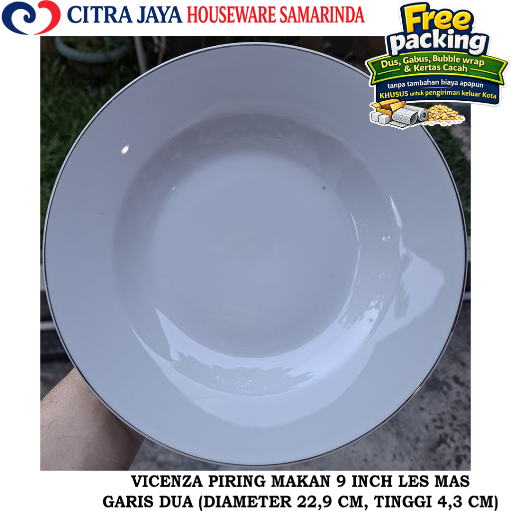 Piring MAKAN CEKUNG 9 INCH (6 PCS / 1 LUSIN) VICENZA LES MAS GARIS SATU DP-9 KERAMIK