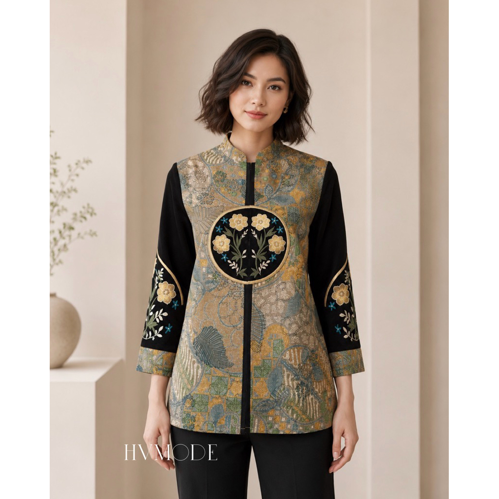 Blouse batik atasan batik Bordir Hand print premium Trikot bordir - Vona Blouse