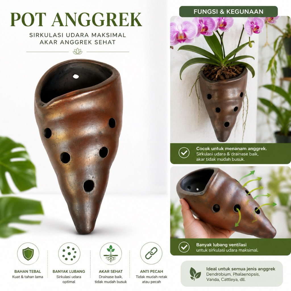 Pot Anggrek 30cm Tempel Dinding Gerabah Tanah Liat