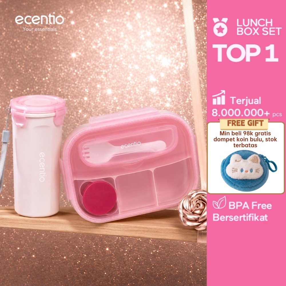 ecentio Lunch Box 4 Sekat BPA Free Anti Bocor Anti Tumpah Kotak Bekal Makan Sekolah Kerja Set Botol 