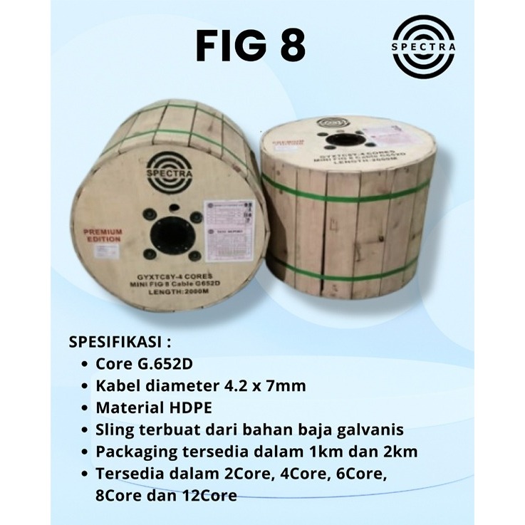 Kabel FO Dropcore Bulat Mini Fig 8 Fig8 Panjang 2000M 2 Core 4 Core 6 Core 8 Core 12 Core Spectra