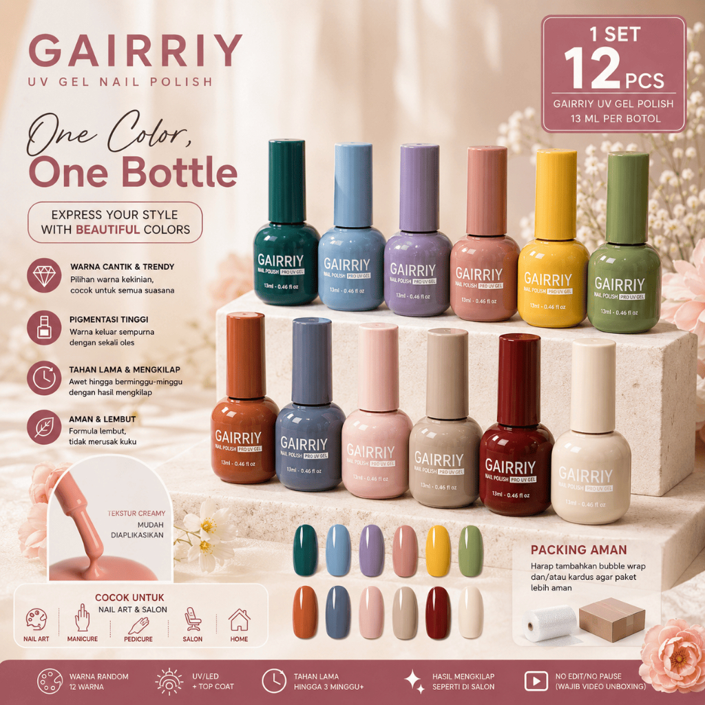 Velunebeauty- [12 PCS] Gairriy UV Gel Nail Polish 13ML – 1 Set Kutek Gel Bisa Pilih Warna
