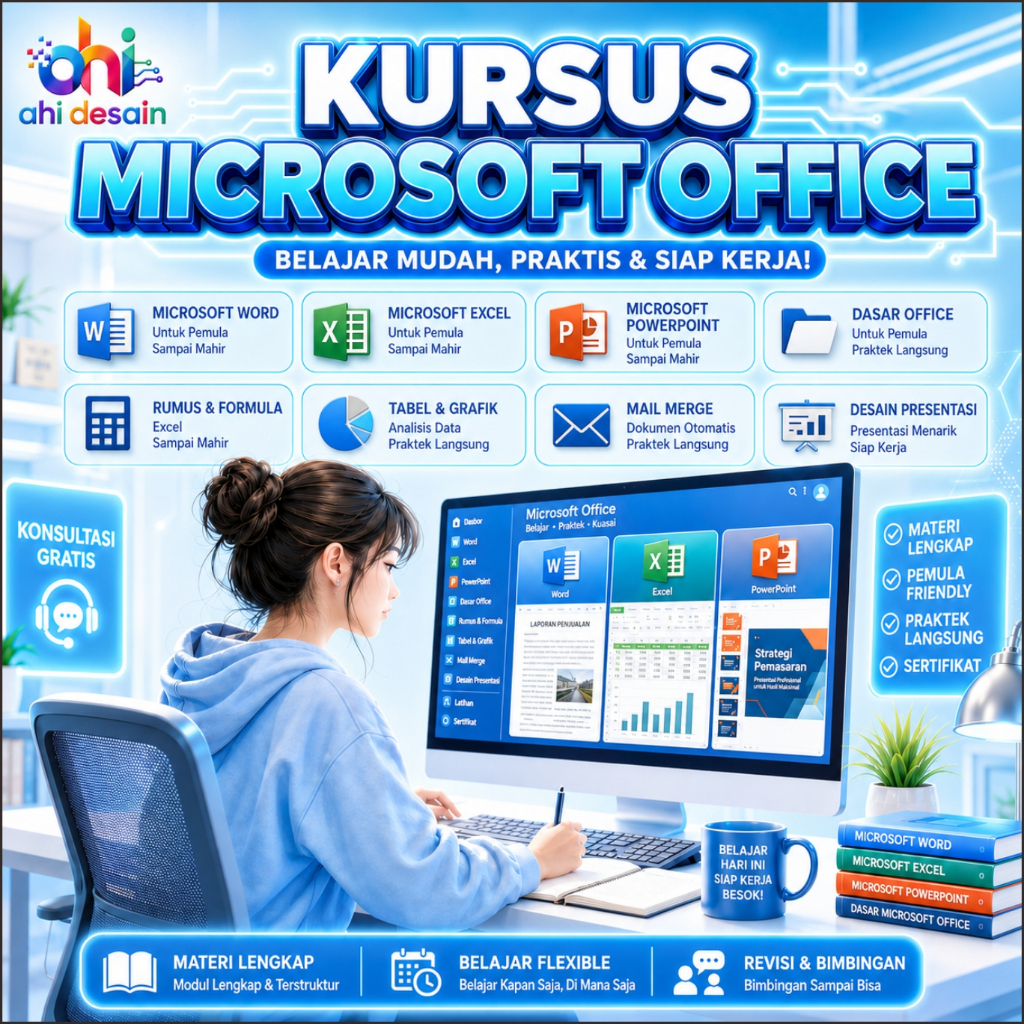 Kursus Microsoft Word, Excel, Powerpoint + Sertifikat Resmi Lembaga  (TTD & Stempel Basah)