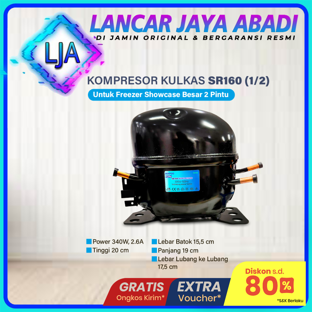 Kompresor Kulkas SR160 1/2 PK Denpoo Original Untuk Freezer Showcase 2 Pintu Kompresor Pendingin Kul