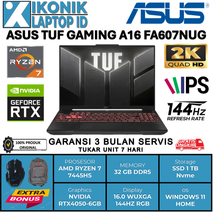 Laptop Gaming Asus Tuf Amd Ryzen 7 gen 7 RTX3050-RTX4050 Win11 original free instal Office