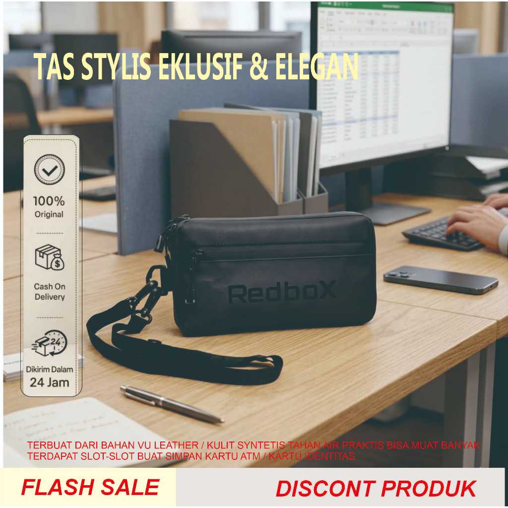 Redbox-Sling Bag Tas Selempang Dompet Hp Vu Anti Air Pria Wanita Handbag Pouchba Warna Hitam Premium