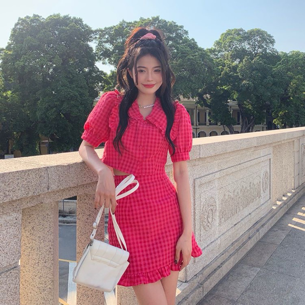 Setelan Rok Wanita Atasan Set Blouse Skirt Pendek Fuschia Pink Kerah Collar Doll Crop Top Ruffle Len