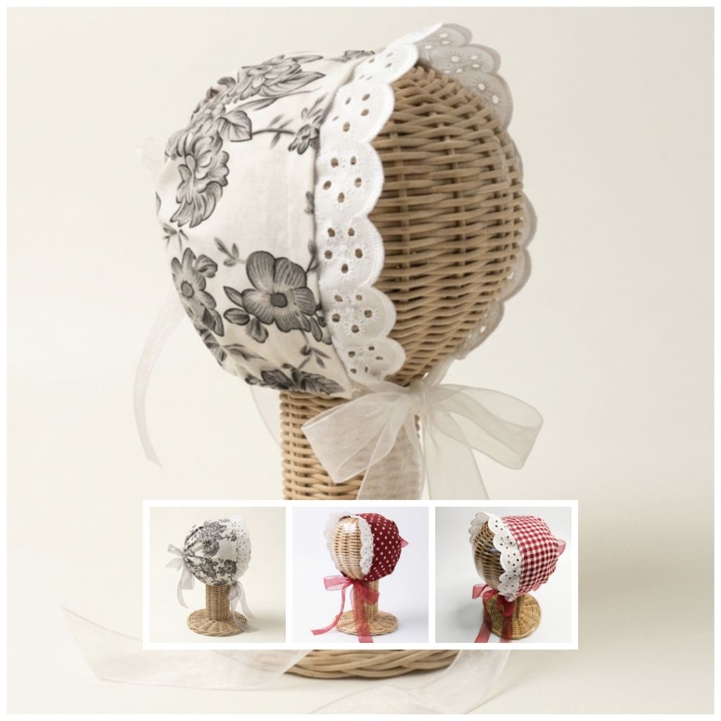 Bonnet Bayi Vintage Floral & Polkadot / Topi Noni Bayi Perempuan / Bando Anak Kerpus Tali Organza