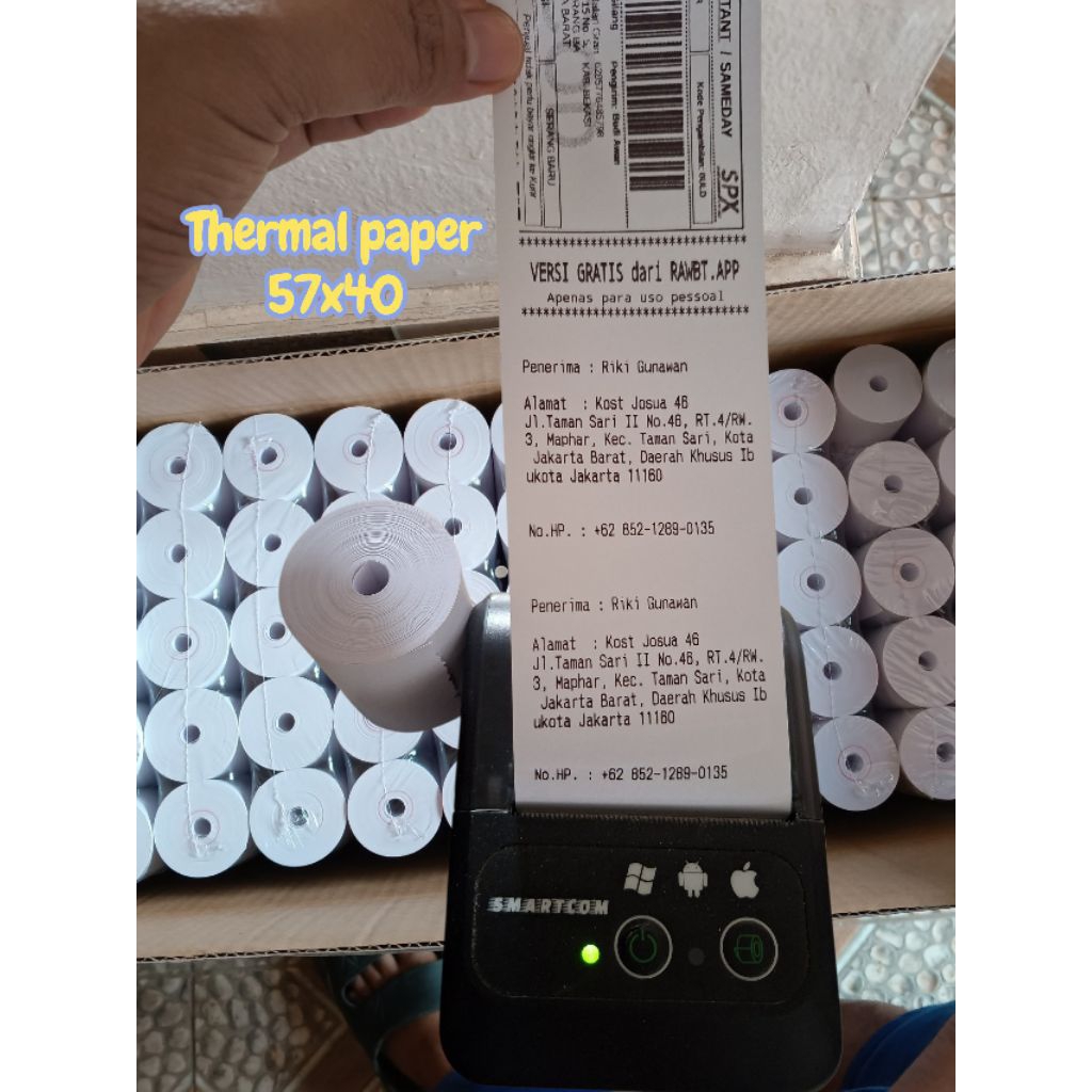 Kertas thermal 57x40 ,kertas termal 58x40, kertas termal 58mm.