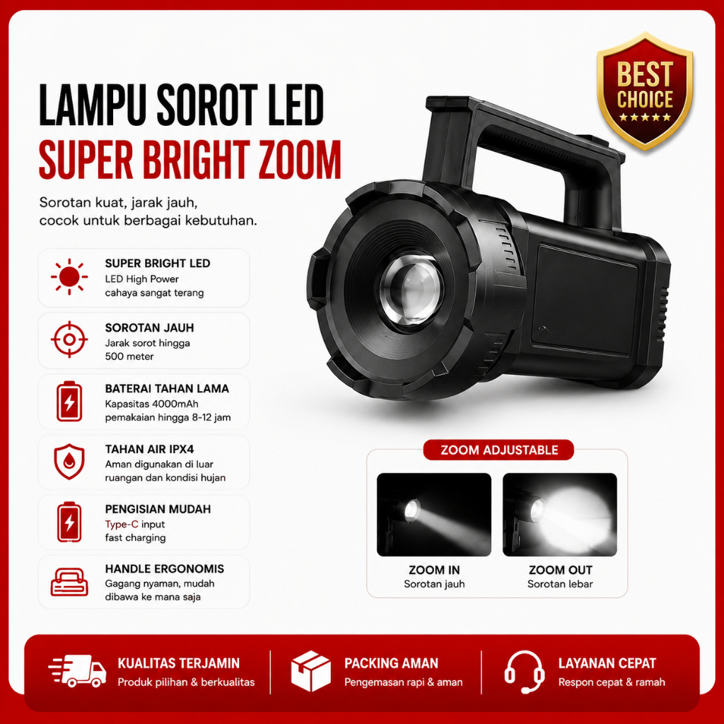 ZY-4491 DP Lampu Sorot LED Super Bright Zoom, Baterai 4000mAh Tahan Lama -Isi Tenaga Surya&USB,3 Mod