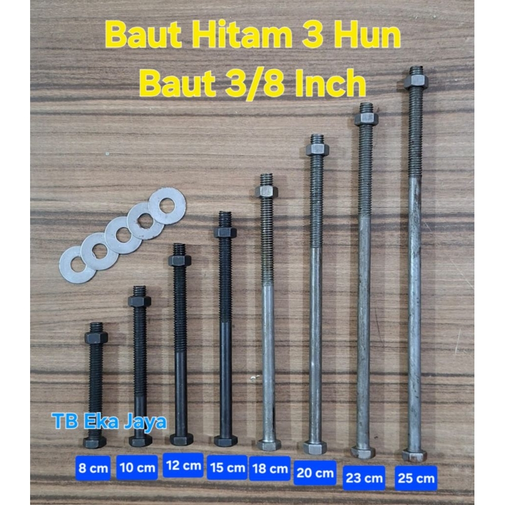 Baut Hitam 3 Hun Baut Hitam 3/8" Baut Mur Hitam Panjang 3" - 10"