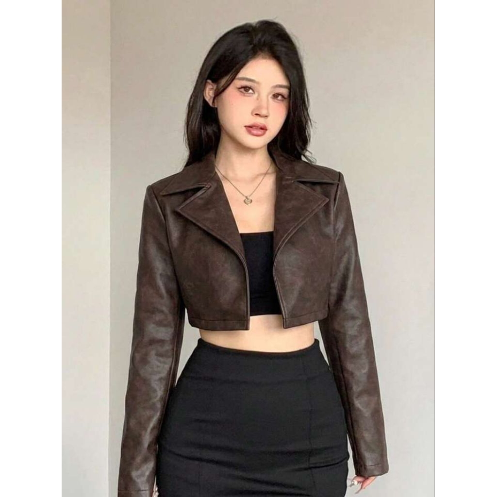 Cropped Blazer PU Leather Wanita | Jacket Leather
Korean Style Y2K