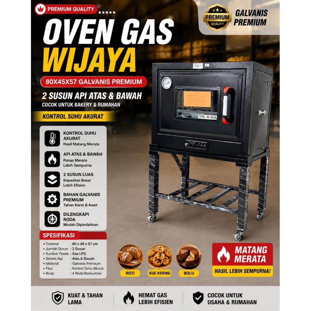 Oven Gas wijaya 80X45X57 roda mas plat azzer Premium 2 Susun Api Atas & Bawah Cocok Untuk Bakery & R