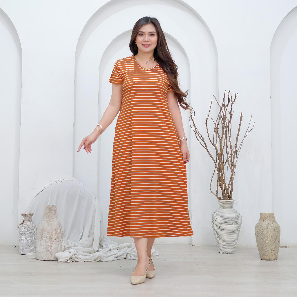 Midi Dress Salur Spandek Rayon Premium Long Dress Kaos Motif Garis-Garis Daster Panjang Polos