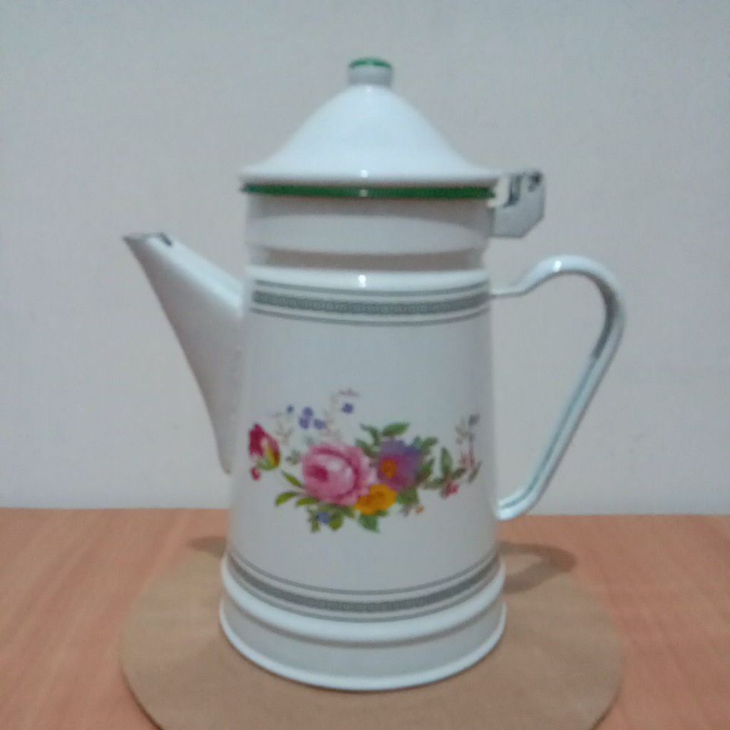 Teko Jadul Enamel Tebal Tinggi 24cm Diameter 13cm Kapasitas 1,7L Warna Putih Motif Bunga