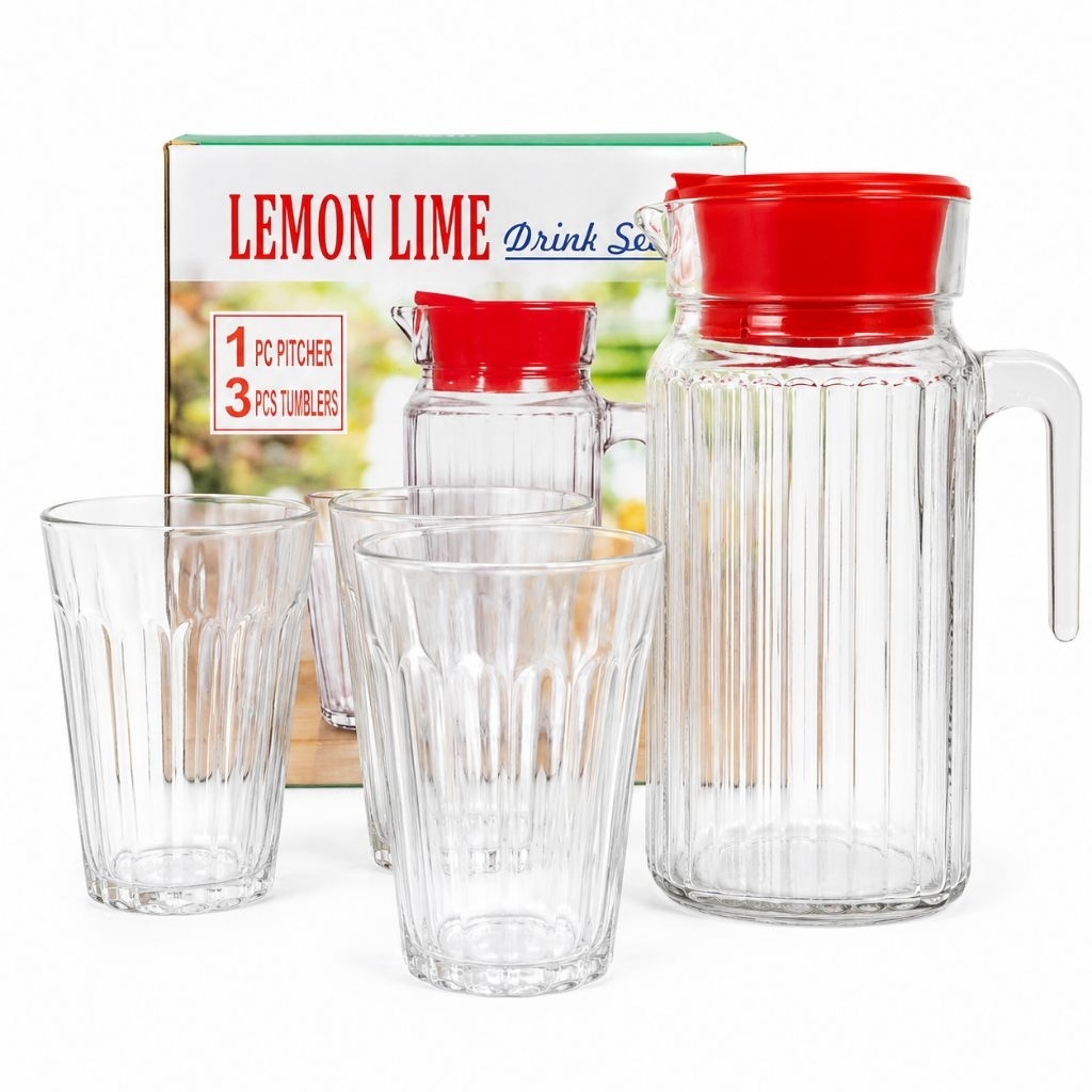 LEMON LIME DRINK SET 4 IN 1 BY KIG GROUP - 1 Teko Kaca dan 3 Gelas Kaca Cantik