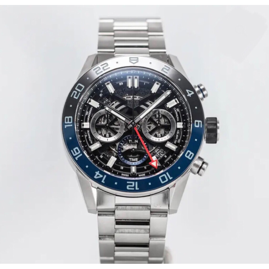 jam tangan pria original TAG HEUER CARRERA 2 CHRONOGRAPH GMT ‘BATMAN’ SKELETON DIAL 45mm ori