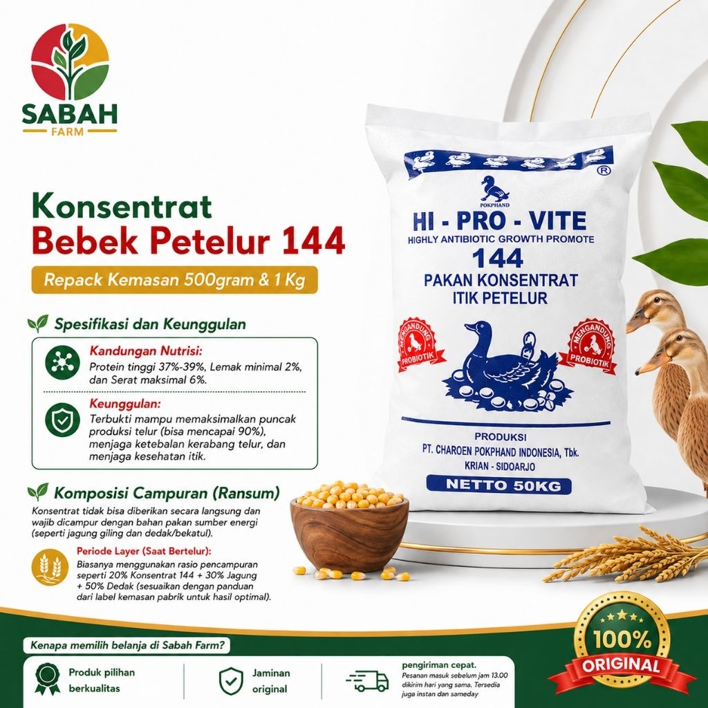 Konsentrat Voer Pakan Bebek Petelur CP 144 Mulai usia 18 minggu Nutrisi Lengkap Protein Tinggi