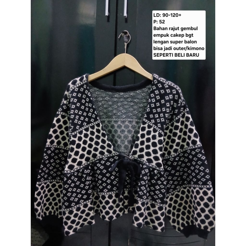 (COD)Atasan cardigan outer kimono rajut wanita lengan balon oversize motif polkadot warna hitam
