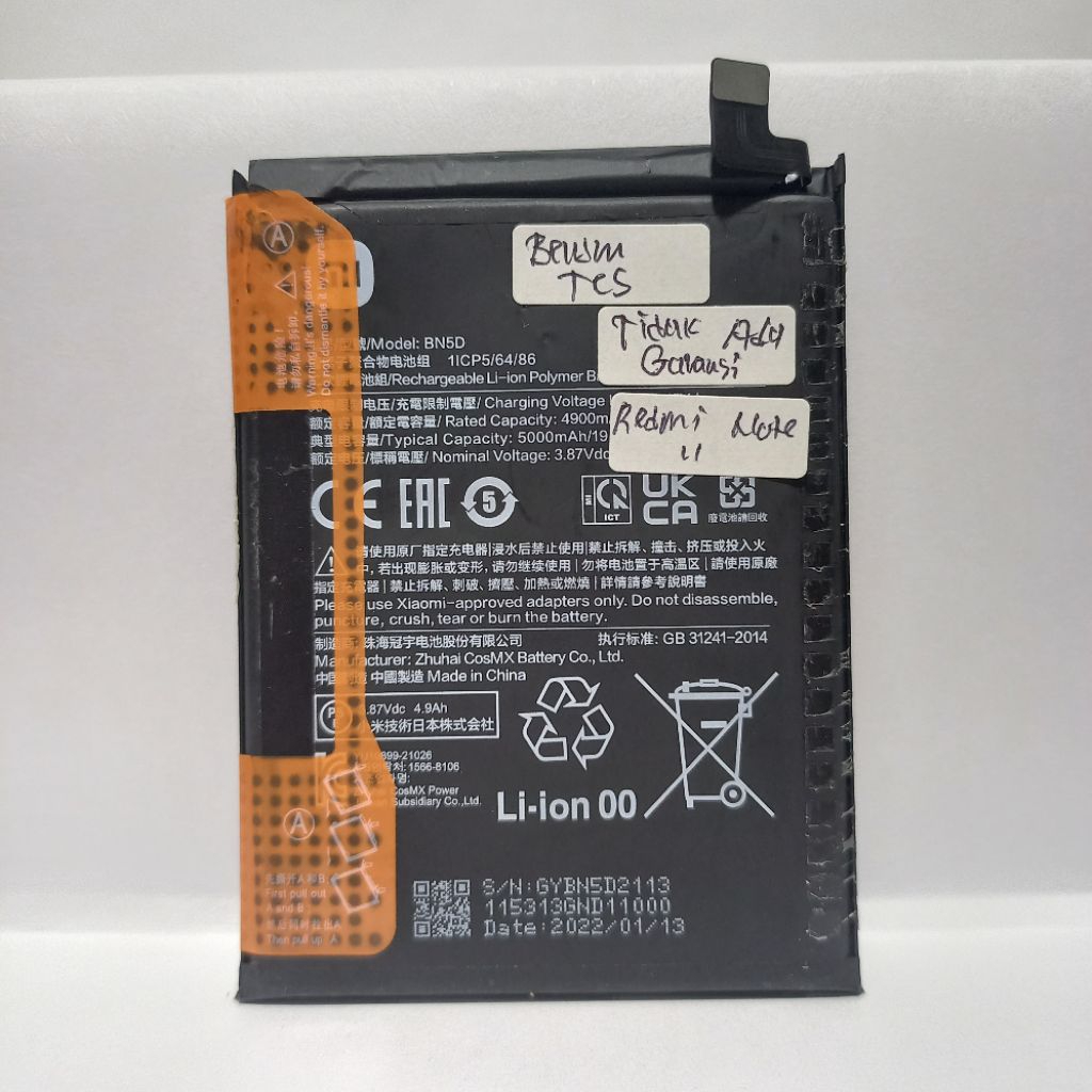 Tidak ada Garansi Baterai Copotan Unit Mati Total (MATOT) Xiaomi Redmi Note 11 ( BN5D) | Kondisi Bel