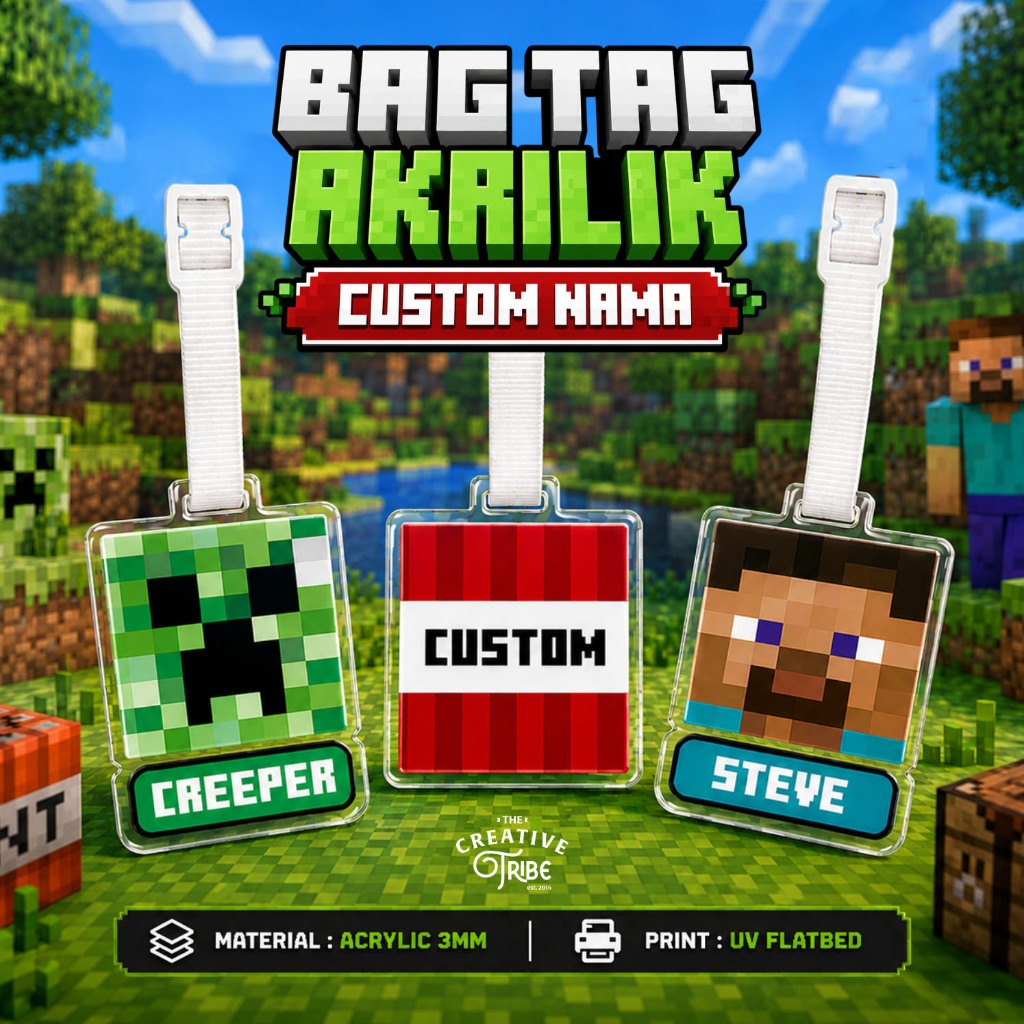 Minecraft - Bag Tag Custom Nama Akrilik 3mm - Gantungan Tas Koper Luggage Creeper TNT Steve