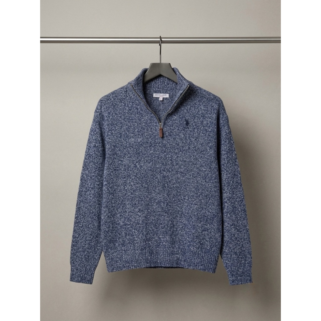 Sweater USPA POLO Half Zipper Blue White Mulus Rajut Pria