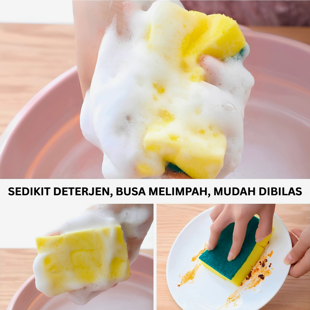Spons Cuci Piring 2 Sisi Serbaguna & Busa Tebal - Pembersih Dapur Kuat Angkat Noda Minyak