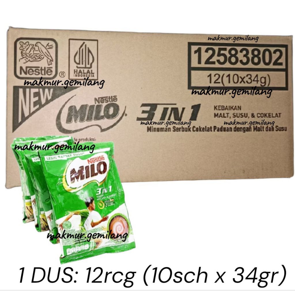 MILO 3IN1 ACTIV-GO Coklat (1DUS: 12rcg x 10sch x 34gr) - Susu Milo / Susu Milo Coklat / Milo Sachet 