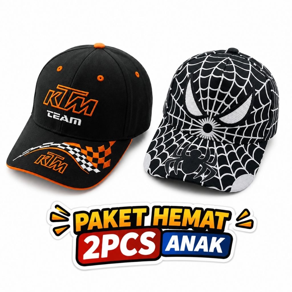 Paket Hemat 2 Pcs Topi Anak Laki Keren Motif Racing KTM + Superhero Laba Laba 2-8 Tahun
