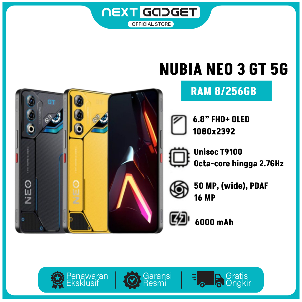 NUBIA Neo 3 GT 5G - 8 /256GB - Unisoc T9100 Gaming Processor - 6000mAh Super Fast Charging 80W - Gar