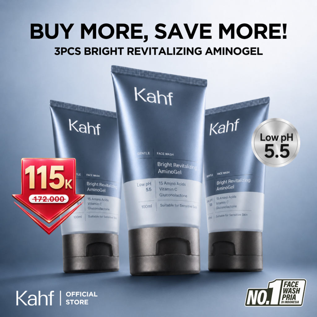 Triple Pack Kahf Face Wash Bright Revitalizing Amino Gel 100 ml - 3 pcs Sabun Cuci Muka Pria untuk M