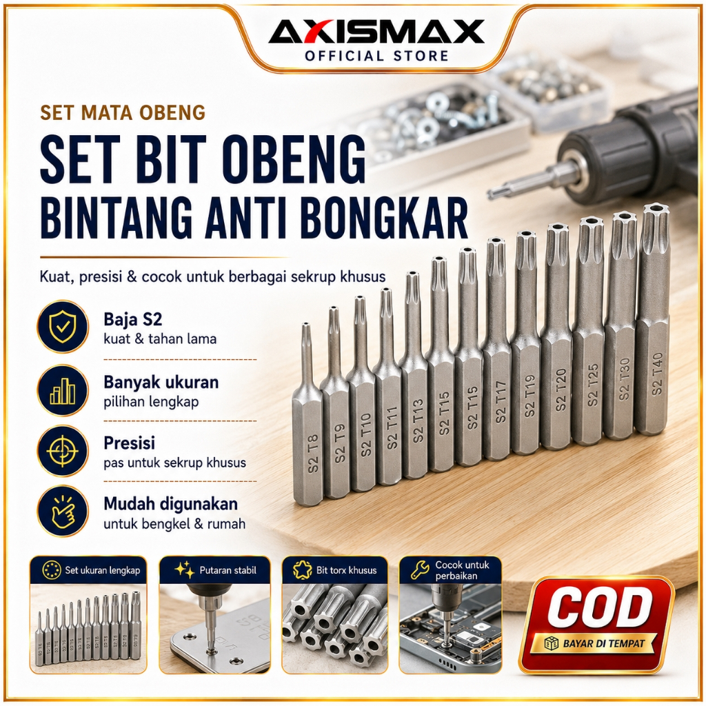 COD AXISAMAX Set Mata Obeng Torx 12 Pcs T5-T40 Bahan Baja S2 Magnetik Kuat Anti Slip, Bit Obeng Bint