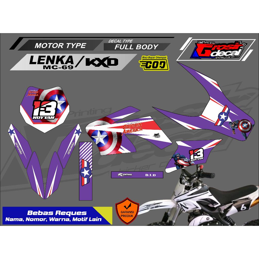 Stiker Striping Mini Trail LENKA MC69 50cc / KXD 50cc / UTX 50cc / MT2 50cc Captain Amerika Full Bod