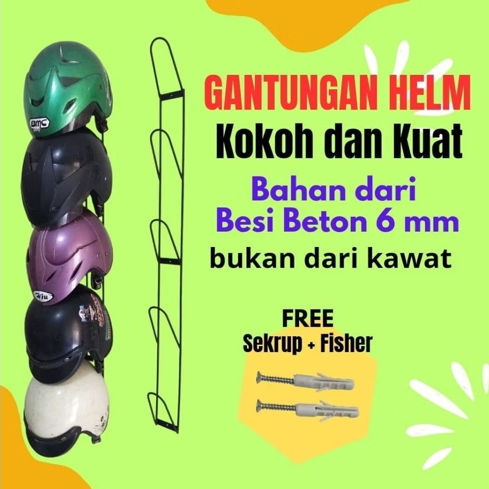 Rak Gantungan Helm Kokoh Bahan Besi Beton 6mm Gratis Sekrup Fisher