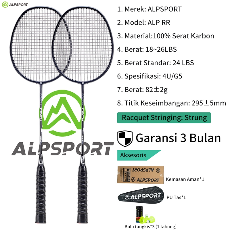ALPSPORT RR 2Raket + Tas 4U G5 100% Serat Karbon Penuh Desain Asli 22-28Lbs T800 Raket Bulu Tangkis 