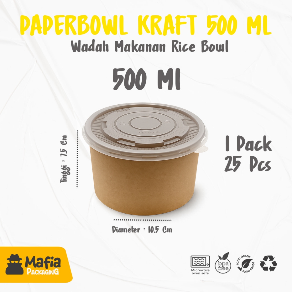Paper Bowl Kraft 500 Ml / Paper Bowl 500 Ml Kraft / Rice Bowl / Wadah Mangkok / Tempat Makan Kertas