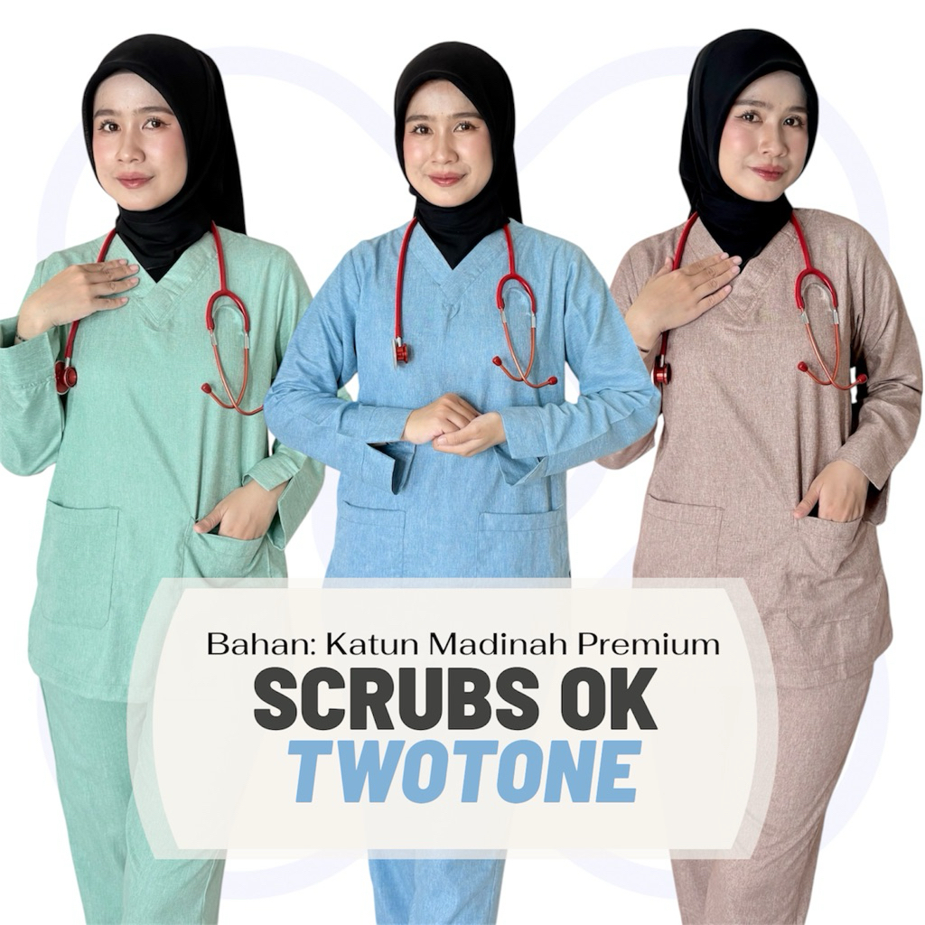 Baju OK OKA TWO TONE Madinah Silky Set Lengan Panjang/ Baju jaga Katun Madinah/ Scrub Dokter/ Scrub 