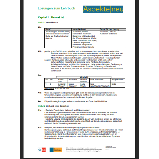 Aspekte neu B2 Lehrbuch Lösungen (Textbook Answer) + audio