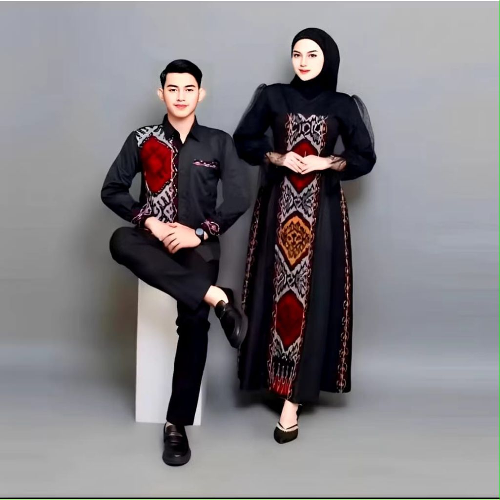BAJU COUPLE BATIK TENUN FATMA HITAM MARON KEMEJA PRIA DAN GAMIS KONDANGAN BUSANA TENUN IKAT model te