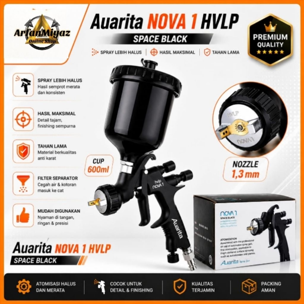Spray gun Auarita Nova1 Hvlp Spack Black Nozzle 1,3mm Cup 600ml