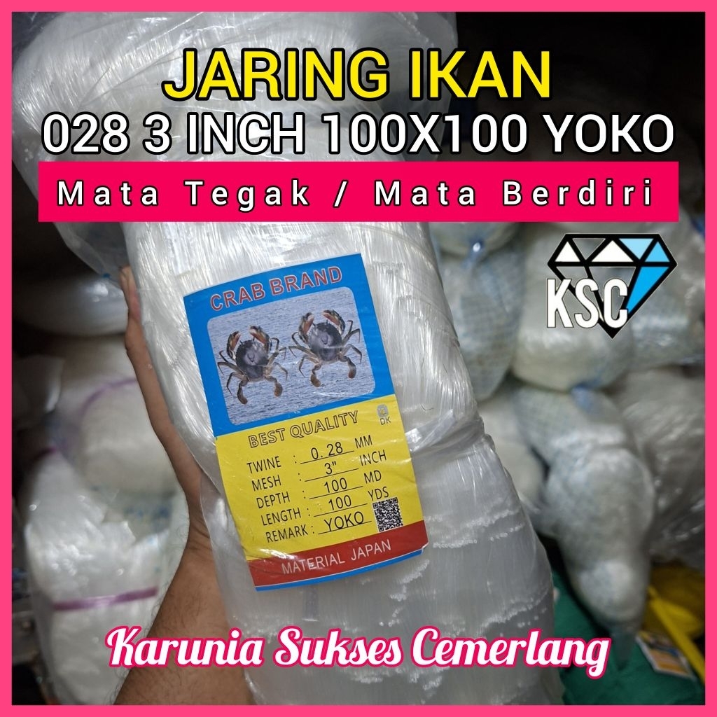 JARING IKAN 028 3 INCH 100X100 YOKO (MATA TEGAK) JARING SENAR 028 / JARING CRAB / JARING IKAN 3 INCH