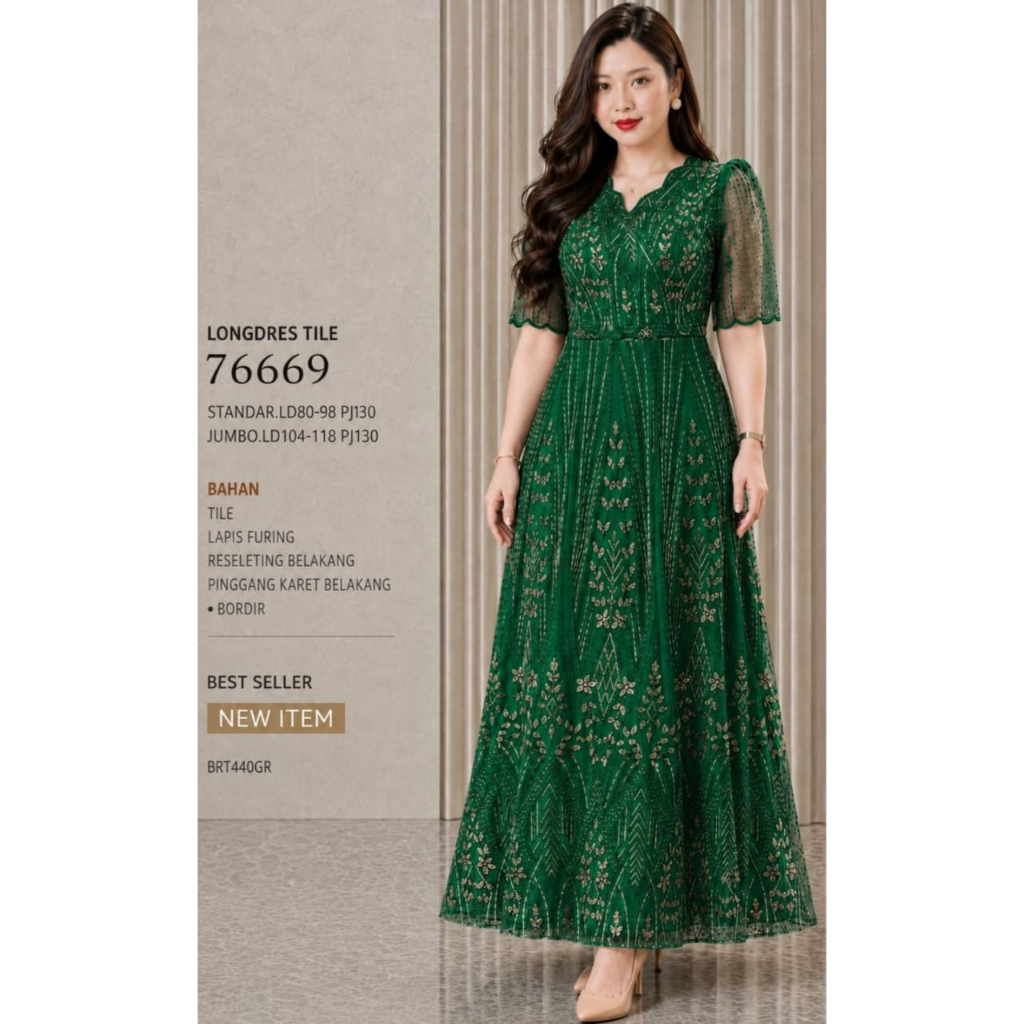 LONG DRESS WANITA DEWASA 76669 HIJAU EMERALD BAHAN TILE BERLAPIS FURING TERSEDIA UKURAN STANDAR DAN 