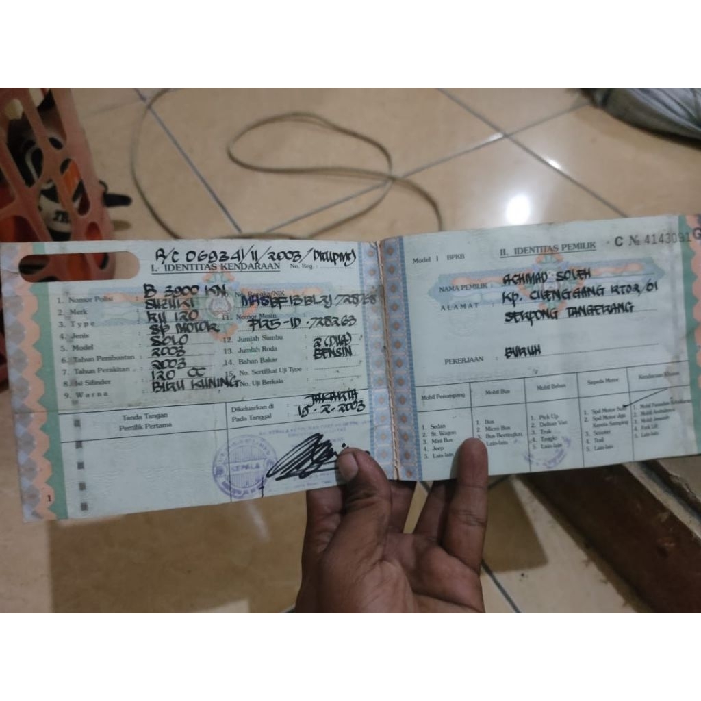 buku dokumen satria lumba plat b biru kuning